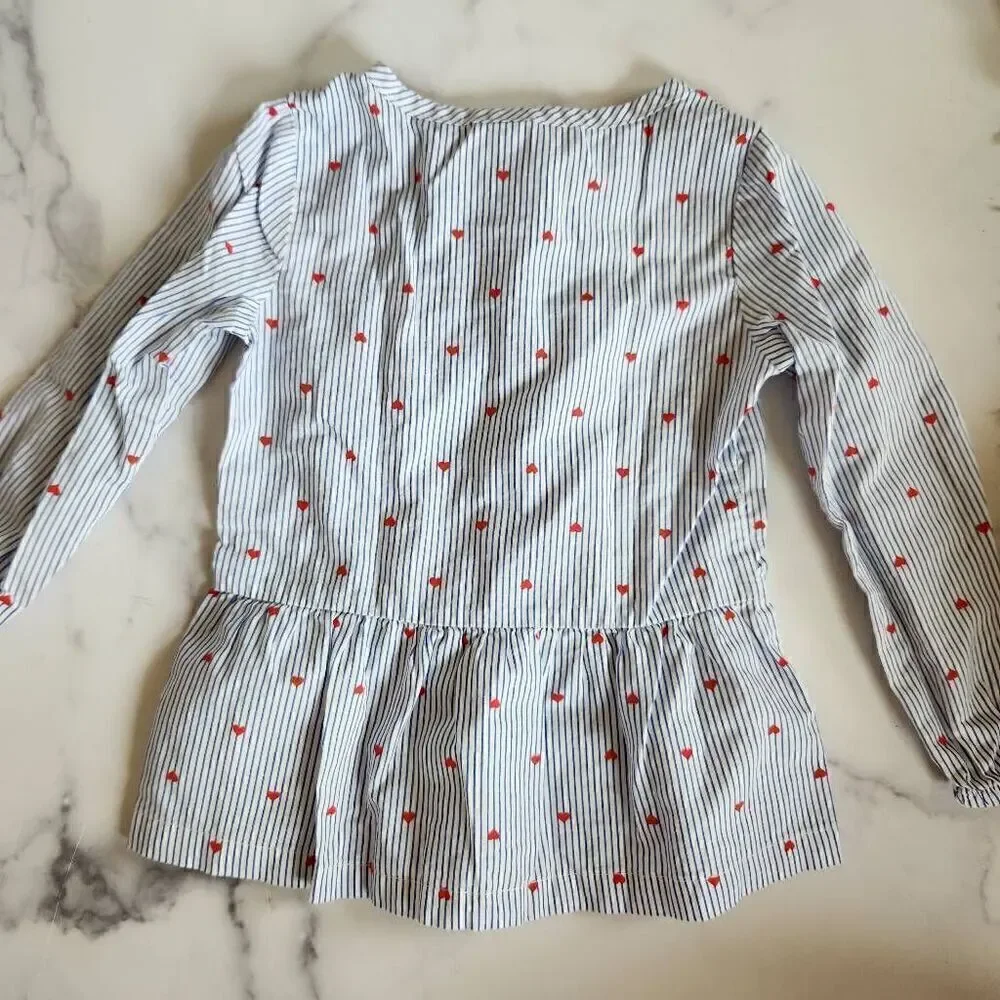 Carter's girls 4T blue white striped cotton red heart peplum top long sleeve